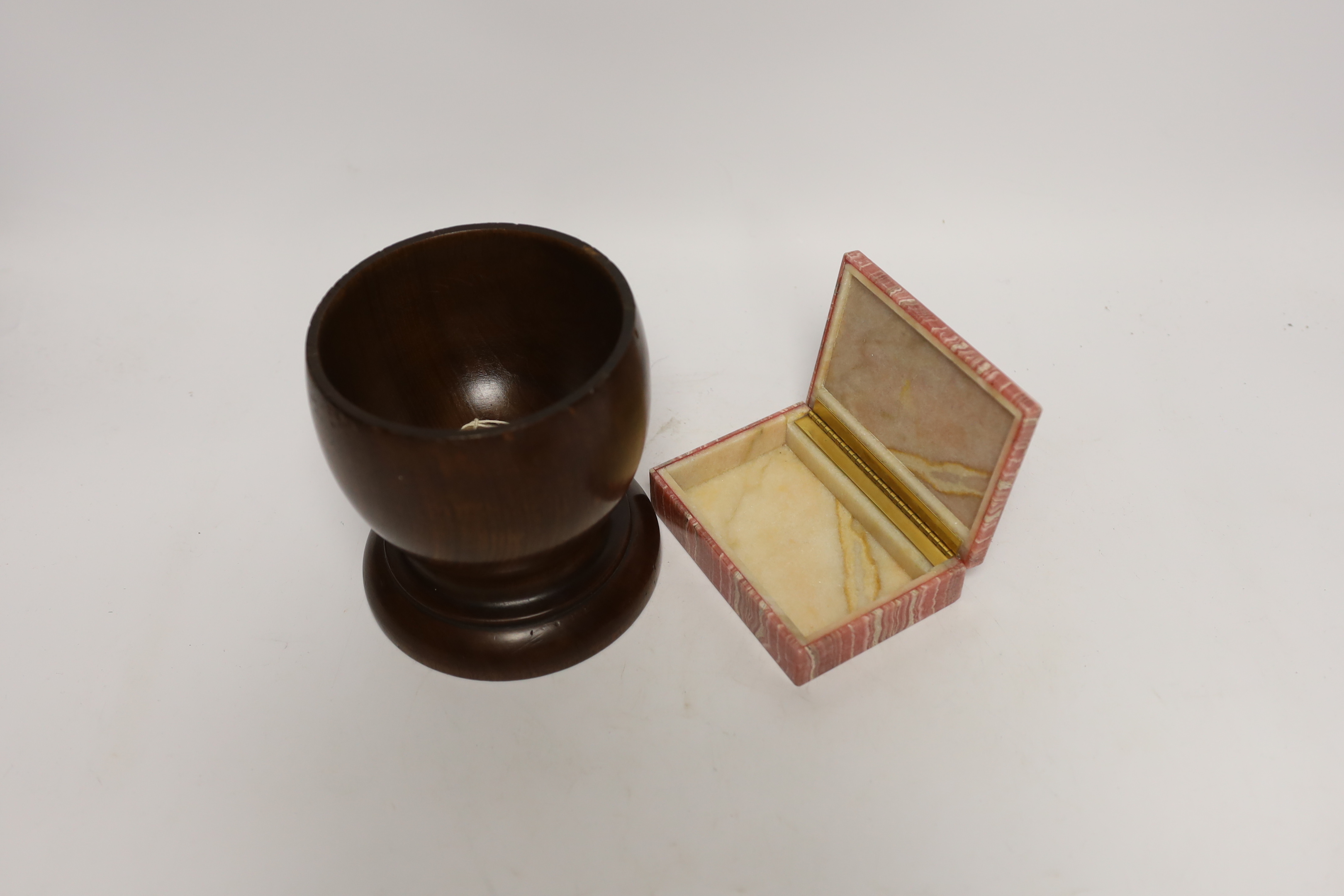 A Victorian oak tobacco box and rhodochrosite cigarette box, tallest 16cm